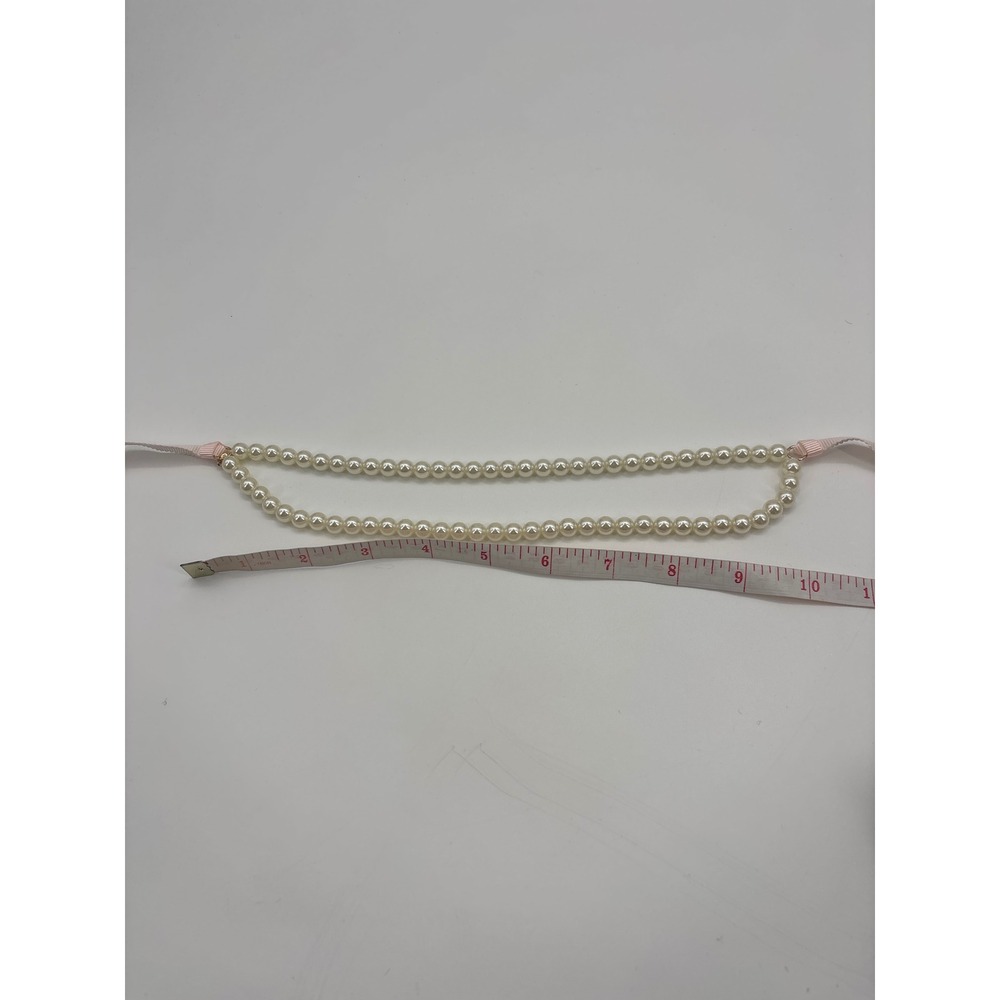 J Crew Factory Girls Two Strand Pearl Necklace Pink Ribbon Clasp Gold Tone Charm - Picture 3 of 3